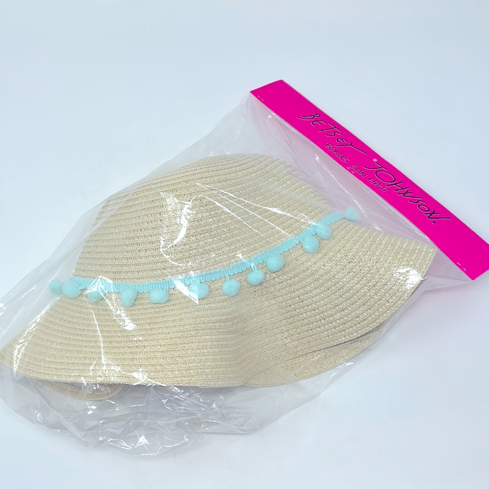 Betsey Johnson Girl’s Straw Blue Pom Pom Detail Summer Beach Hat